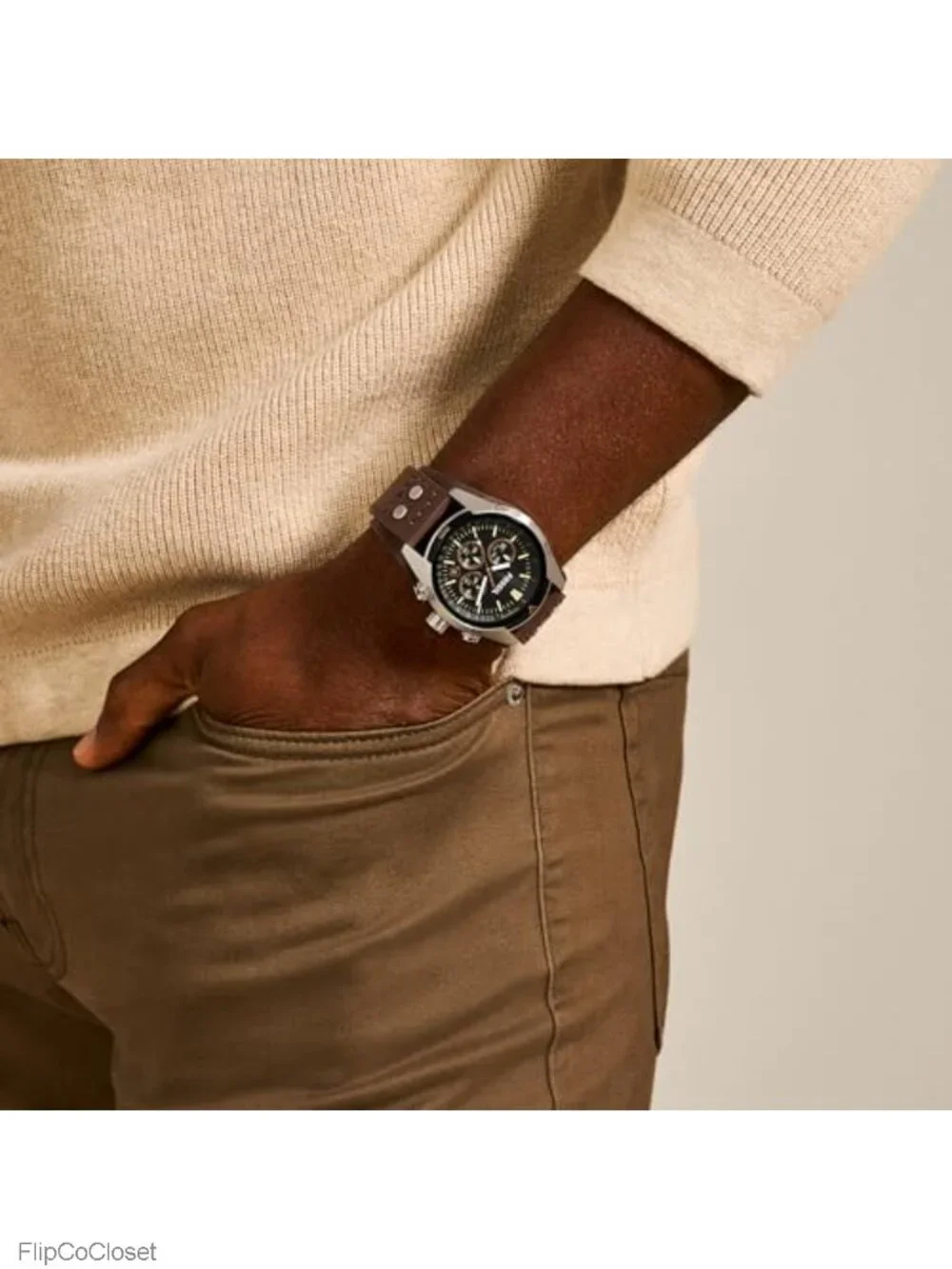 Men's Quartz Chronograph Leather Watch 44mm Stainless Steel